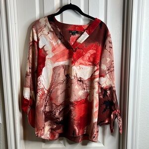 Alfani Red and Cream Graphic Tie Front Blouse